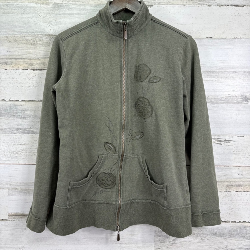 Coldwater Creek Womens Sage Green Embroidered Flower Full Zip Jacket Size S
